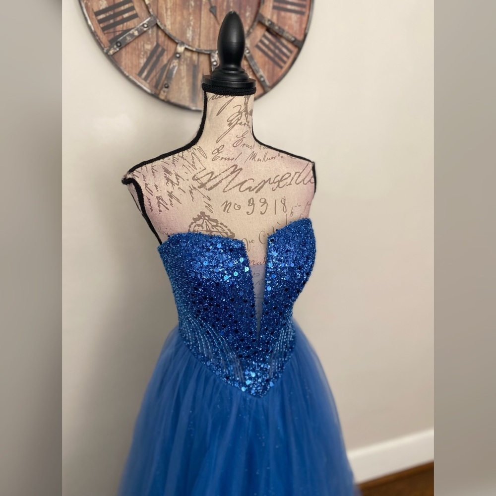 Beaded blue sparkly a-line prom dress, ball gown, pageant evening gown or formal